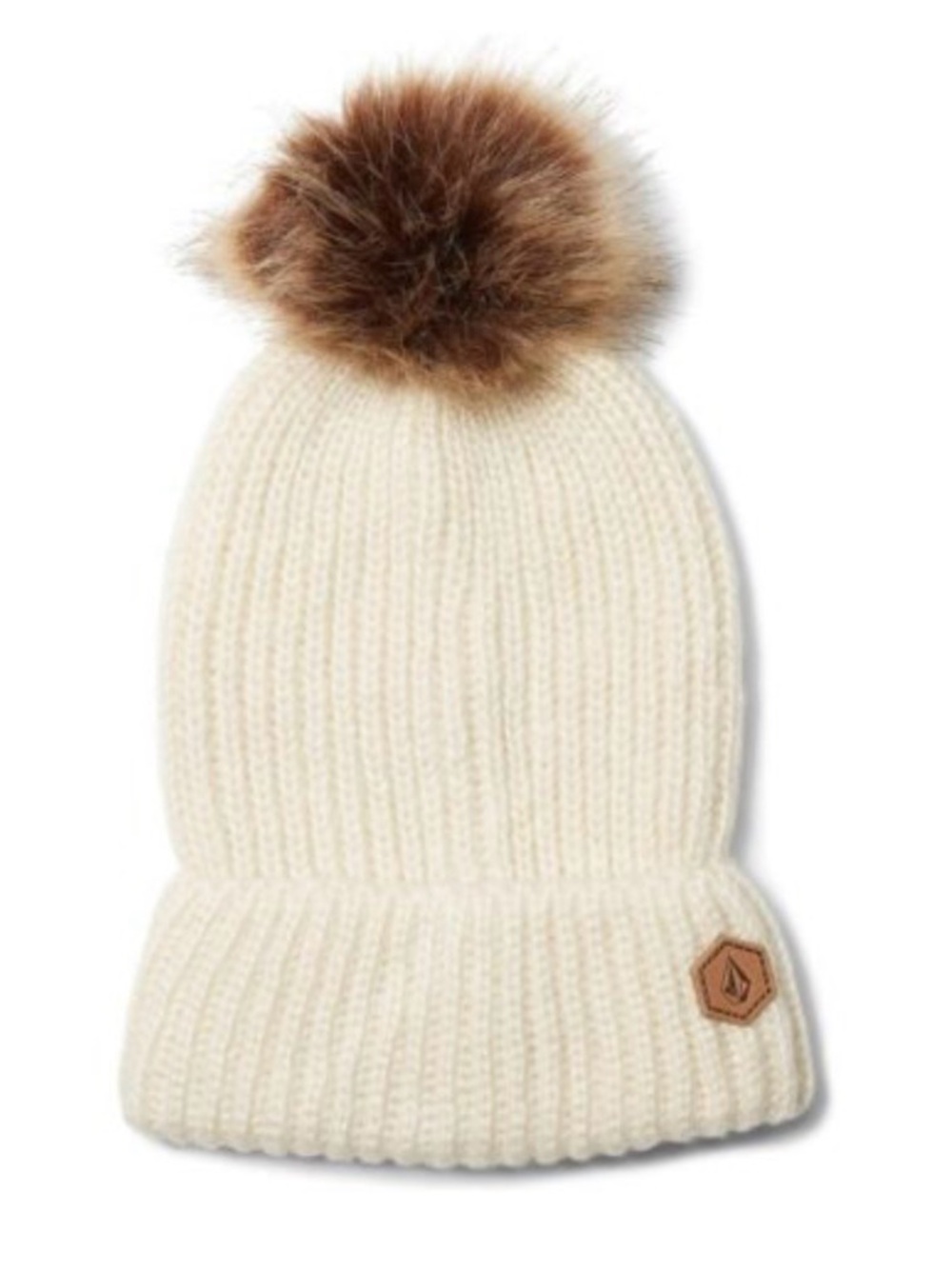Volcom Women’s Cream Ribbed Pom Beanie with Brown Faux-Fur Pom